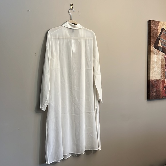 Eileen Fisher Crinkled Sheer Silk Point Collar Long SleeveOpenFront Midi Jacket - Picture 5 of 9